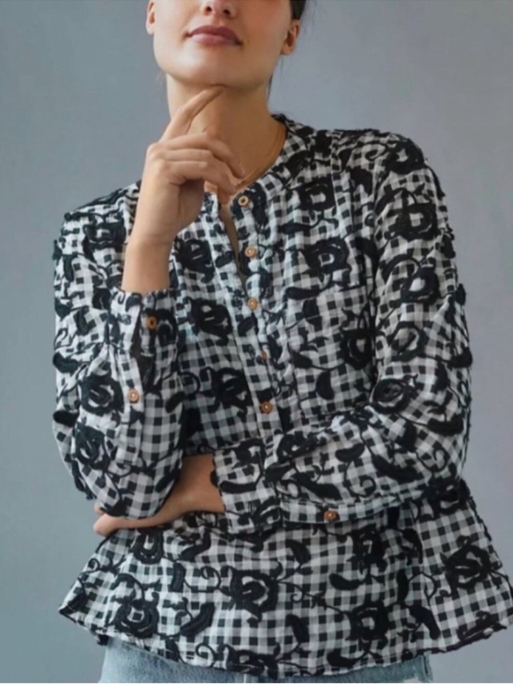 Anthropologie Pilcro The Whitney Trapeze Embroidered Check Black White Top XL